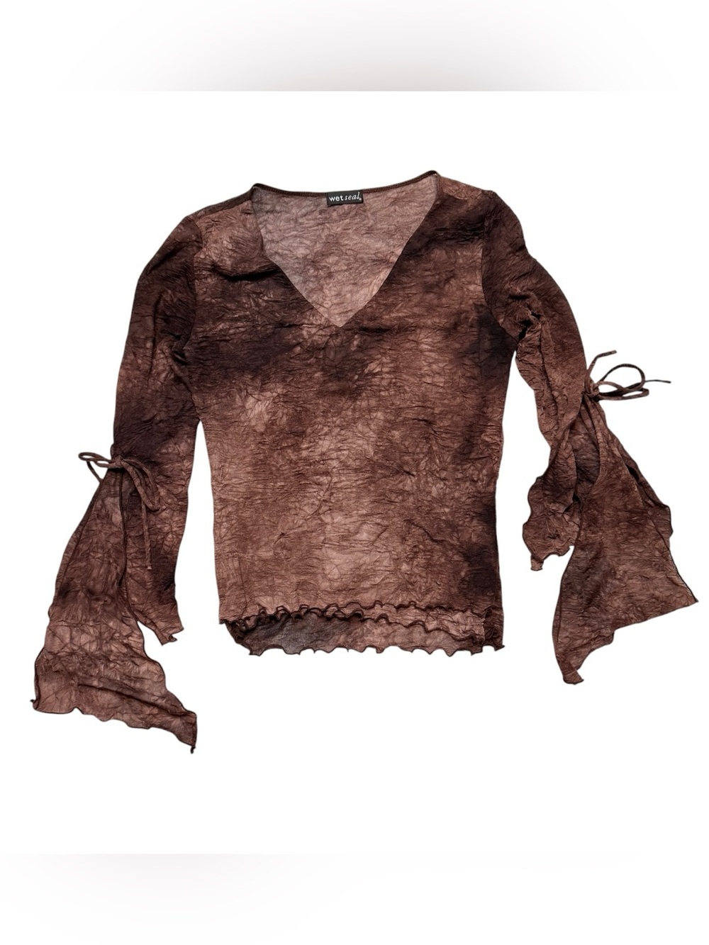 Wet‎ Seal Vintage Y2K Top Fairy Grunge V-Neck Brown Crinkle Mesh Lettuce Hem